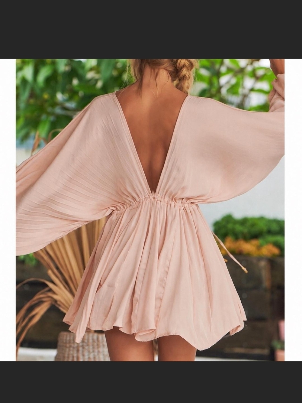 Free People Blush Pink Backless Mini Dress with Billowy Sleeves